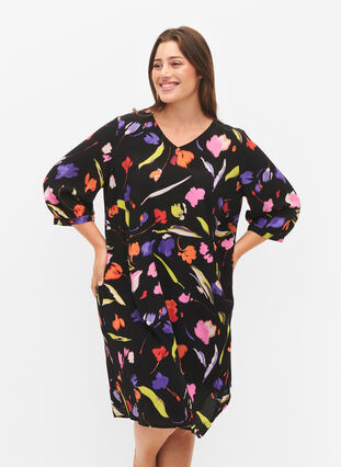 Zizzifashion Dress in viscose with print and 3/4 sleeves, Faded Tulip AOP, Model image number 0