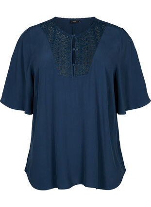 Zizzifashion Viscose blouse with 1/2 sleeves and embroidery detail, Total Eclipse, Packshot image number 0