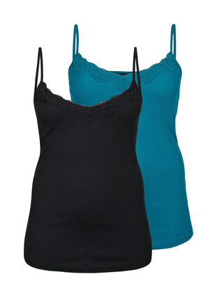 Zizzifashion 2-pack night tops in rib, Black/Blue Coral, Packshot image number 0
