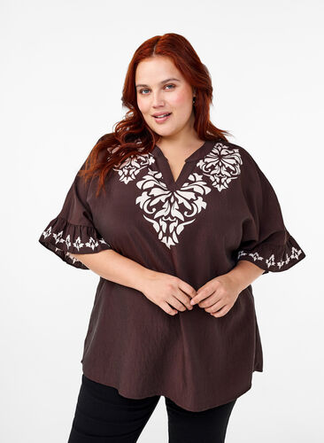 Zizzifashion Short-sleeved blouse with print and ruffles, Seal Brown, Model image number 0