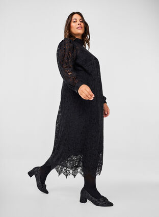 Zizzifashion Long-sleeved lace dress with high neck, Black, Image image number 0