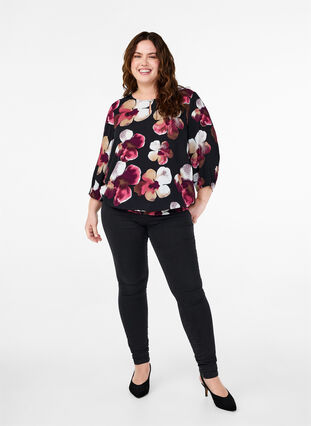 Zizzifashion Viscose blouse with print and smock, Black Pink FlowerAOP, Model image number 2