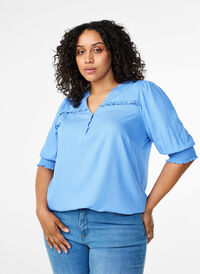 Viscose blouse with smock and ruffle detail, Cornflower Blue, Model