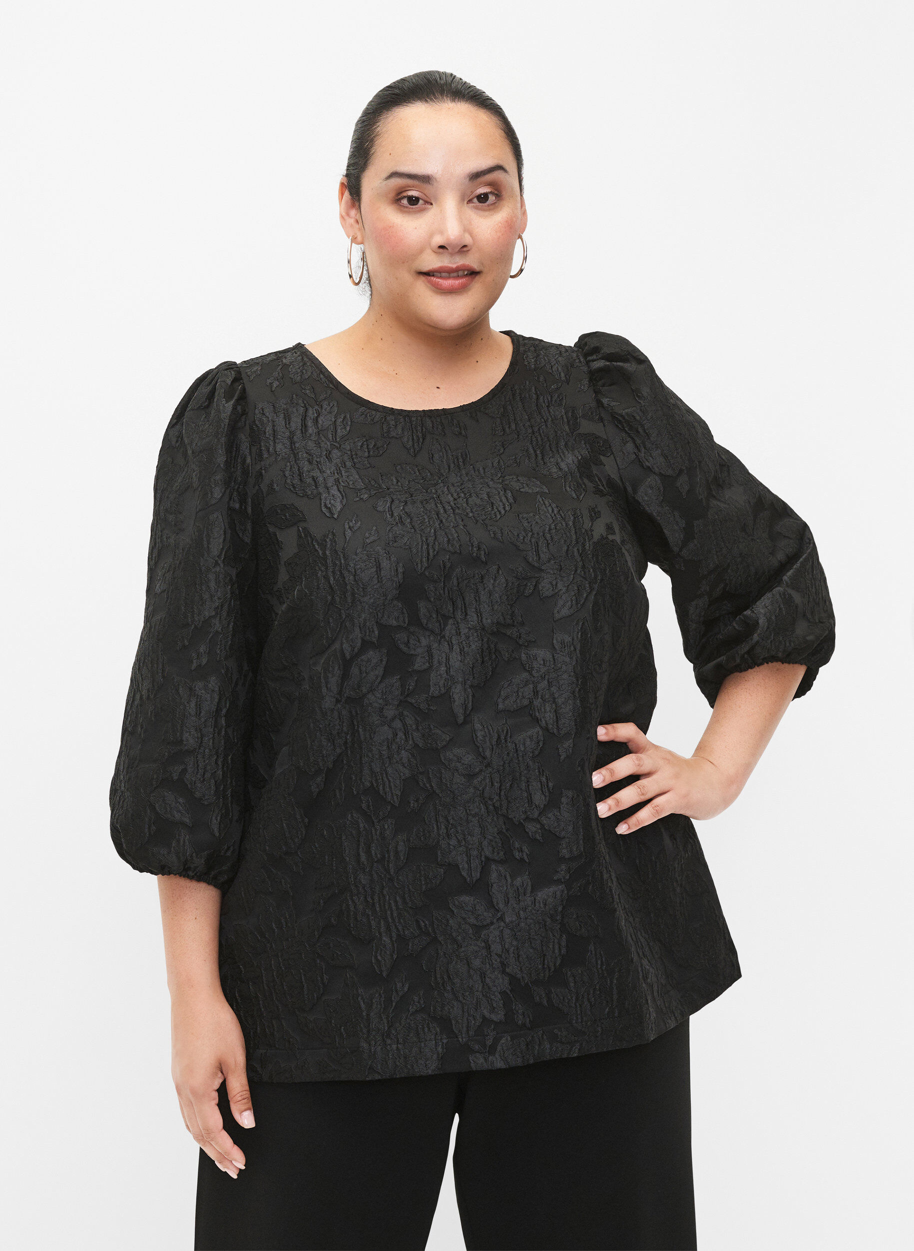 Jacquard blouse with 3/4 sleeves - Black - Sz. 42-64 - Zizzifashion