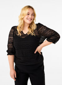 Blouse with hole pattern and 3/4 sleeves, Black, Model