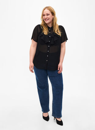 Zizzifashion Short sleeve shirt blouse with ruffles, Black, Model image number 2