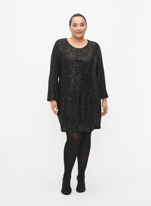 Zizzifashion Short sequin dress with long sleeves, Black, Model image number 3