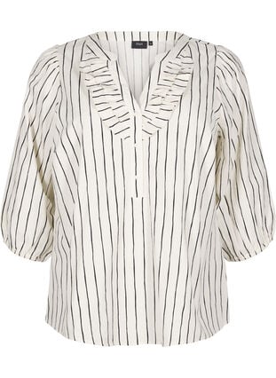 Zizzifashion 3/4 sleeve cotton blouse with print, Eggnog Black Stripe, Packshot image number 0