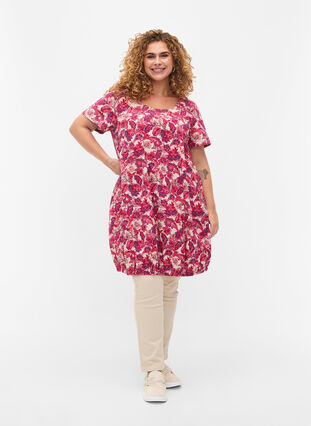 Zizzifashion Short-sleeved, printed cotton dress, Raspberry Sorbet, Model image number 2