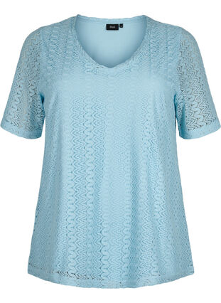 Zizzifashion Short-sleeved lace blouse with v-neck, Angel Falls, Packshot image number 0