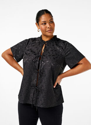 Zizzifashion Short-sleeved jacquard blouse with ties, Black, Model image number 0