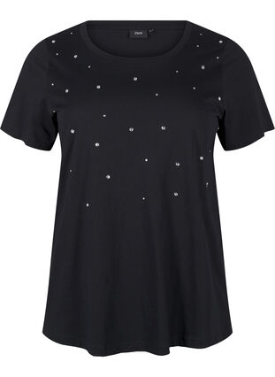 Zizzifashion Cotton T-shirt with rhinestones, Black, Packshot image number 0