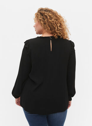 Zizzifashion Viscose blouse with frills and lace, Black, Model image number 1