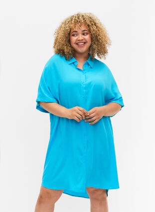Zizzifashion Long shirt in viscose, Blue Atoll, Model image number 0