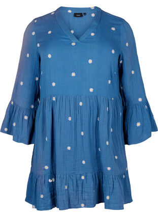 Zizzifashion Soft cotton dress with embroidered flowers, Blue Horizon Daisy, Packshot image number 0