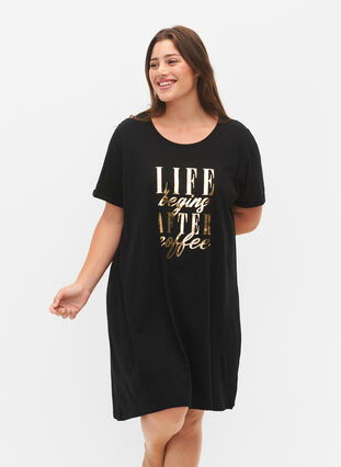 Zizzifashion Short-sleeved nightgown in organic cotton (GOTS), Black W. Life , Model image number 0