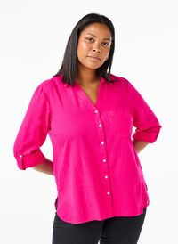 Shirt blouse with button closure in cotton-linen blend, Bright Rose, Model