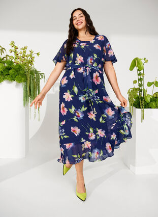 Zizzifashion Short sleeve midi dress with floral print, Blueprint Flower AOP, Image image number 0