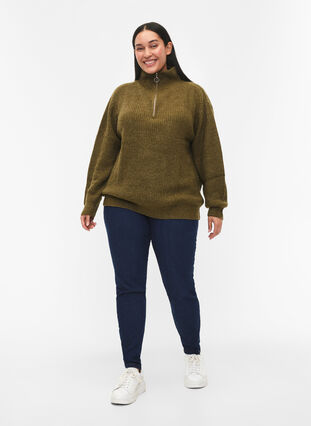 Zizzifashion FLASH - Knitted sweater with high neck and zipper, Dark Olive Mel., Model image number 2