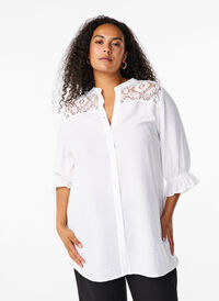 Long viscose shirt with lace detail, Bright White, Model