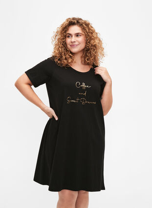 Zizzifashion Short-sleeved nightgown in organic cotton, Black Coffee, Model image number 0