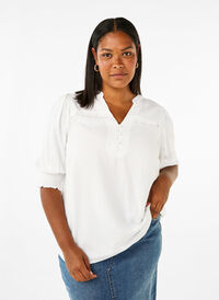 Viscose blouse with smock and ruffle detail, Bright White, Model