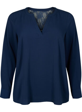 Zizzifashion Long-sleeved blouse with lace detail (GRS), Navy Blazer, Packshot image number 0
