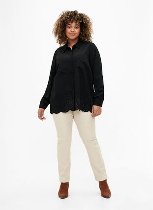 Zizzifashion Viscose shirt with broderie anglaise, Black, Model image number 2