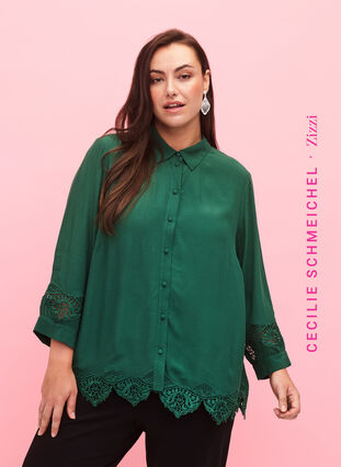 Zizzifashion Viscose shirt with 3/4 sleeves and embroidery details, Hunter Green, Model image number 0