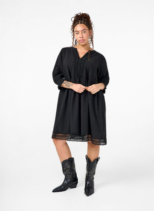 Zizzifashion Cotton dress with crochet details, Black, Model image number 2