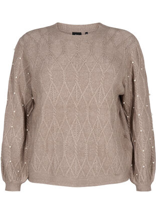 Zizzifashion Knitted sweater with pattern and pearls, Desert Taupe Mel., Packshot image number 0