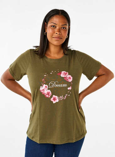 Zizzifashion FLASH - T-shirt with motif, Olive Night Flower, Model image number 0