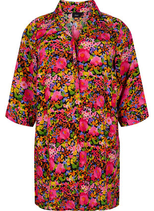 Zizzifashion Floral viscose tunic with 3/4 sleeves, Neon Flower Print, Packshot image number 0