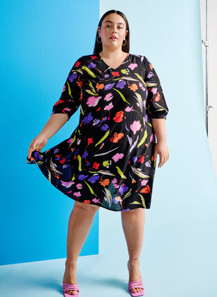 Zizzifashion Dress in viscose with print and 3/4 sleeves, Faded Tulip AOP, Image image number 0