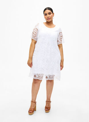 Zizzifashion Short-sleeved lace party dress, Bright White, Model image number 2