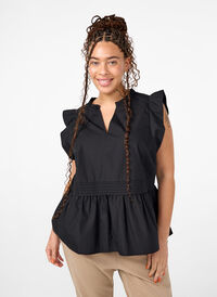 Sleeveless top with pin-tuck and ruffle details, Black, Model