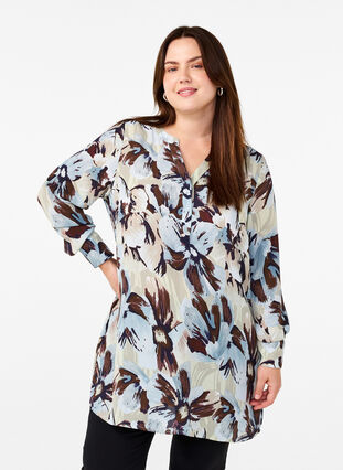 Zizzifashion Long-sleeved tunic with print, Grey Flower AOP, Model image number 0