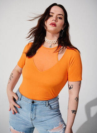 Zizzifashion Tight-fitting V-neck blouse with mesh detail, Vibrant Orange, Image image number 0