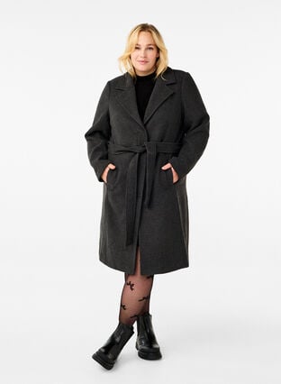 Zizzifashion Long wool coat with belt, Dark Grey Melange, Model image number 2