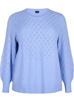 Zizzifashion Knitted blouse with lace pattern, Cornflower Blue Mel., Packshot image number 0