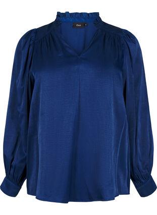 Zizzifashion Long-sleeved blouse with ruffles and v-neck, Estate Blue, Packshot image number 0