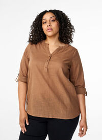 Cotton shirt blouse with v-neck, Coca Mocha, Model