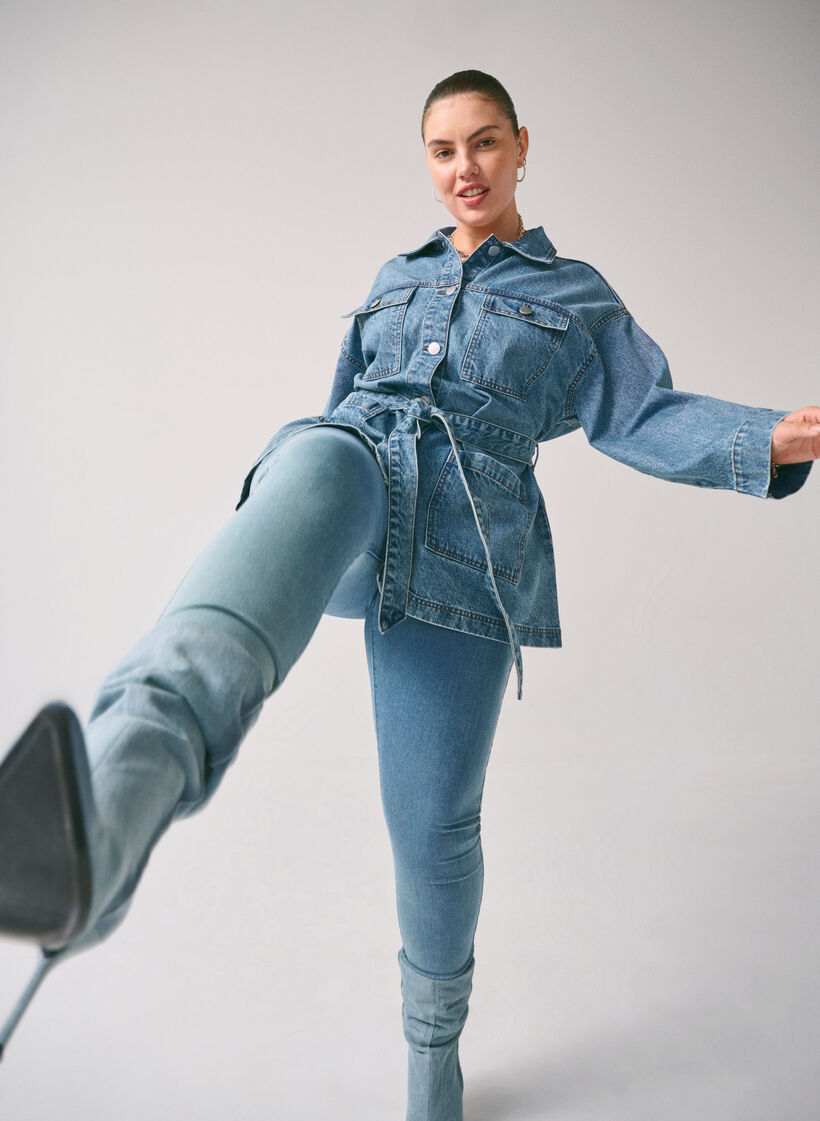 Denim jacket with a tie belt, Blue Denim, Image