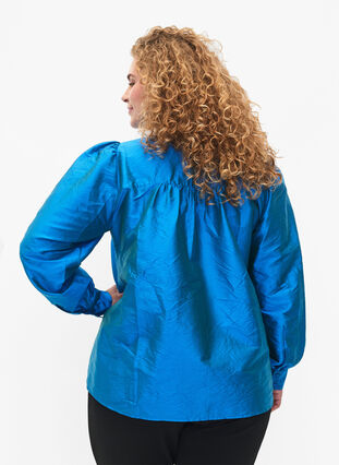 Zizzifashion Shiny shirt blouse with ruffles, Diva Blue, Model image number 1