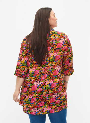 Zizzifashion Floral viscose tunic with 3/4 sleeves, Neon Flower Print, Model image number 1