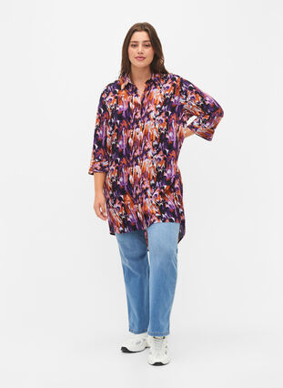 Zizzifashion Long viscose shirt with print, Pansy AOP, Model image number 2