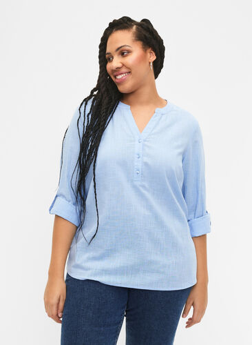 Zizzifashion Shirt blouse in cotton with a v-neck, Serenity, Model image number 0