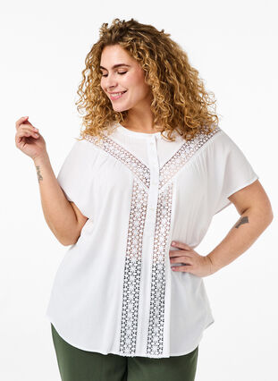 Zizzifashion Viscose blouse with lace trim, Bright White, Model image number 0