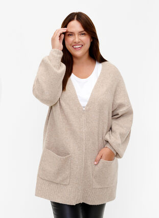 Zizzifashion Knitted cardigan with zipper and pockets, Simply Taupe Mel., Model image number 0