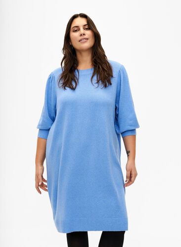 Zizzifashion Knitted dress with 3/4 puff sleeves, Blue B. /White Mel., Model image number 0